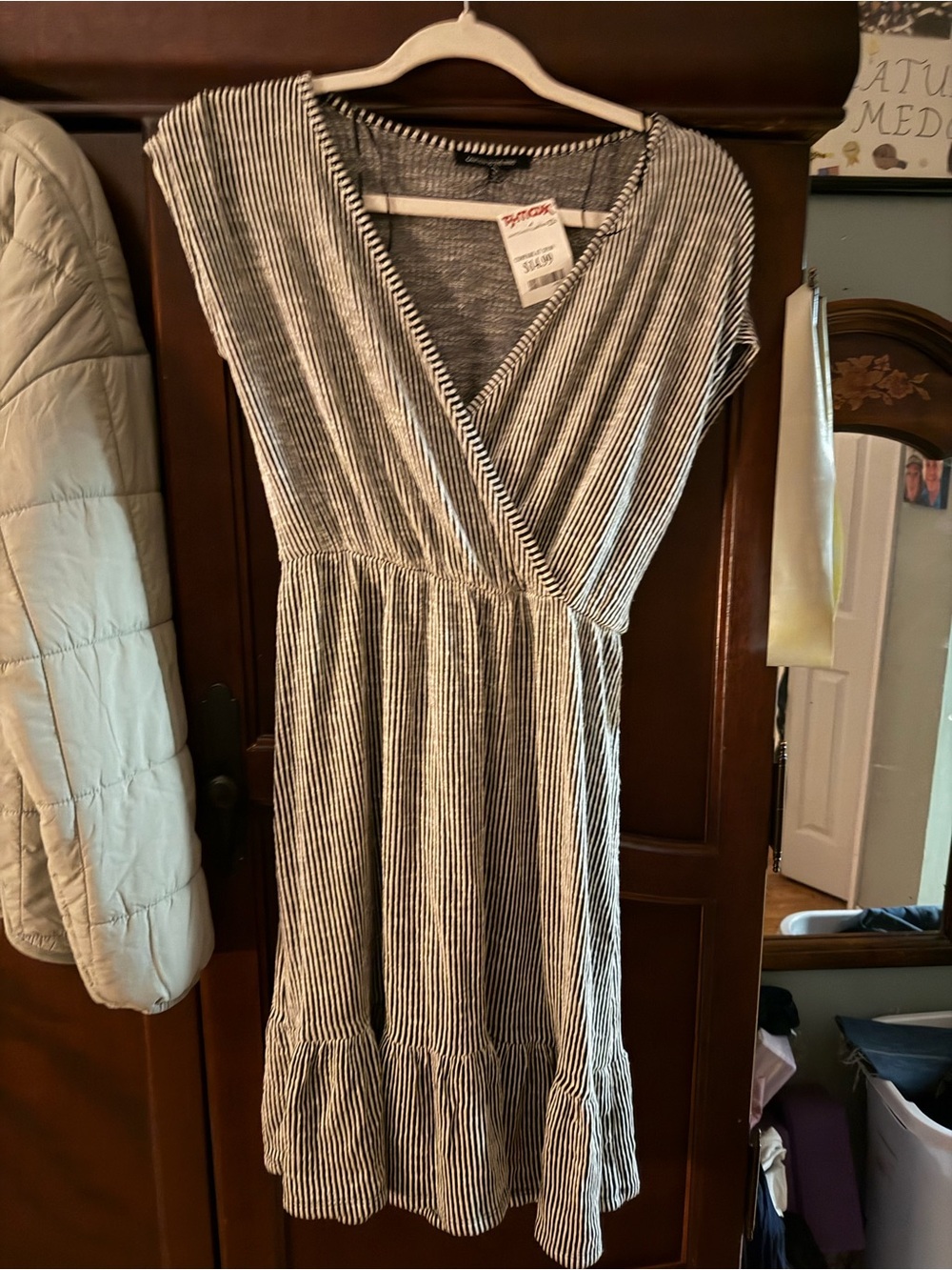 Striped V-Neck Wrap Casual Dress in Black and White